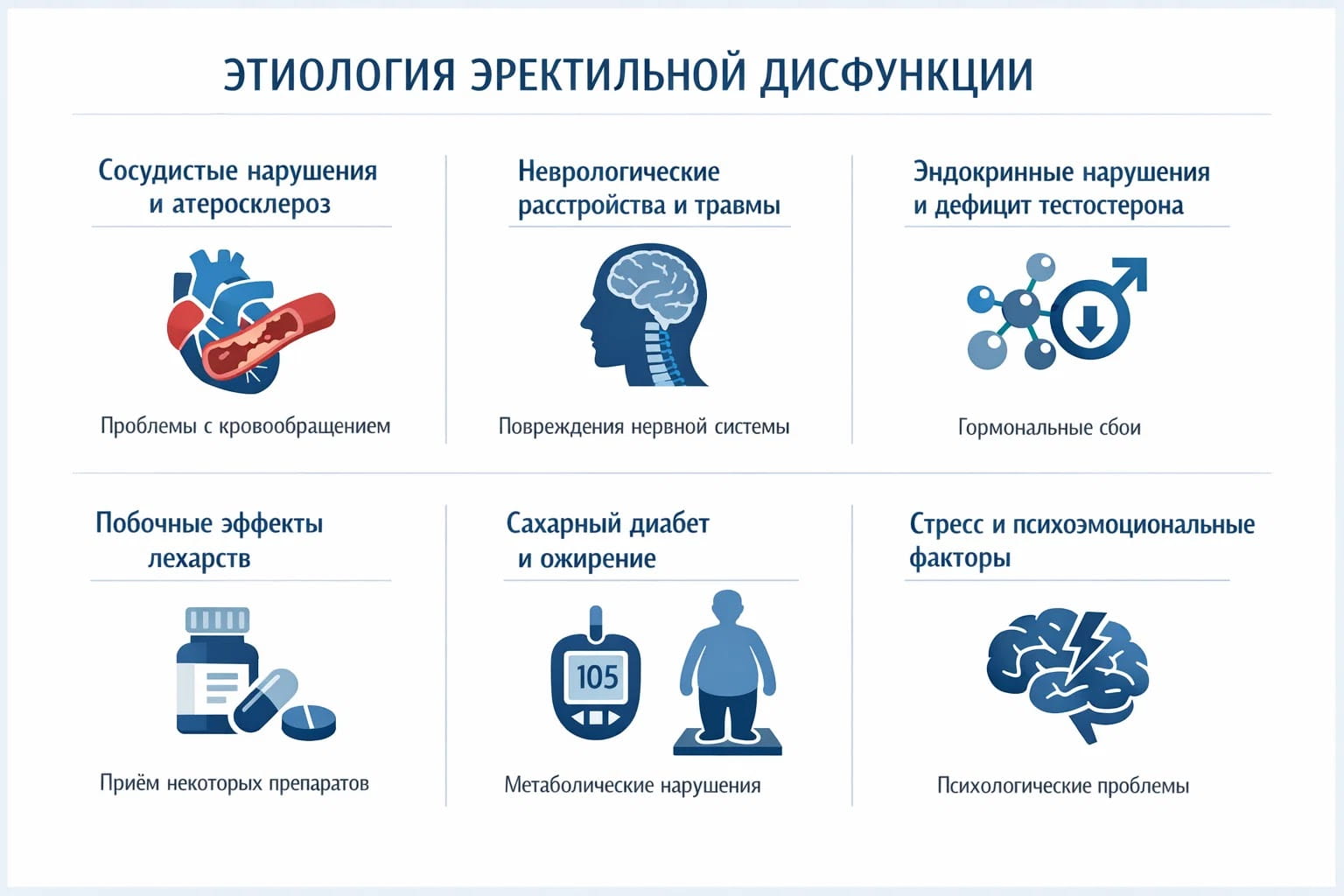 Инфографика с основными причинами эректильной дисфункции: сосудистые, неврологические, гормональные и лекарственные факторы.