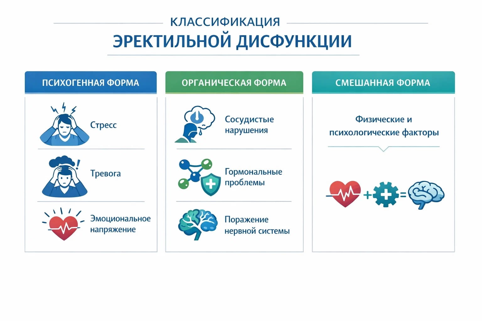 Инфографика с видами эректильной дисфункции: психогенная, органическая и смешанная формы.