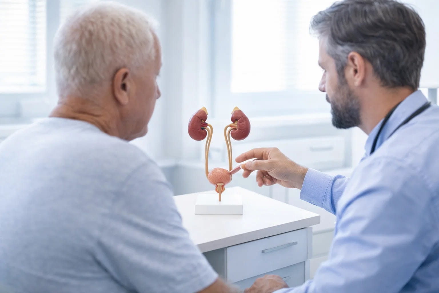 Пациент на приеме у уролога, врач объясняет информацию с помощью анатомической модели.
