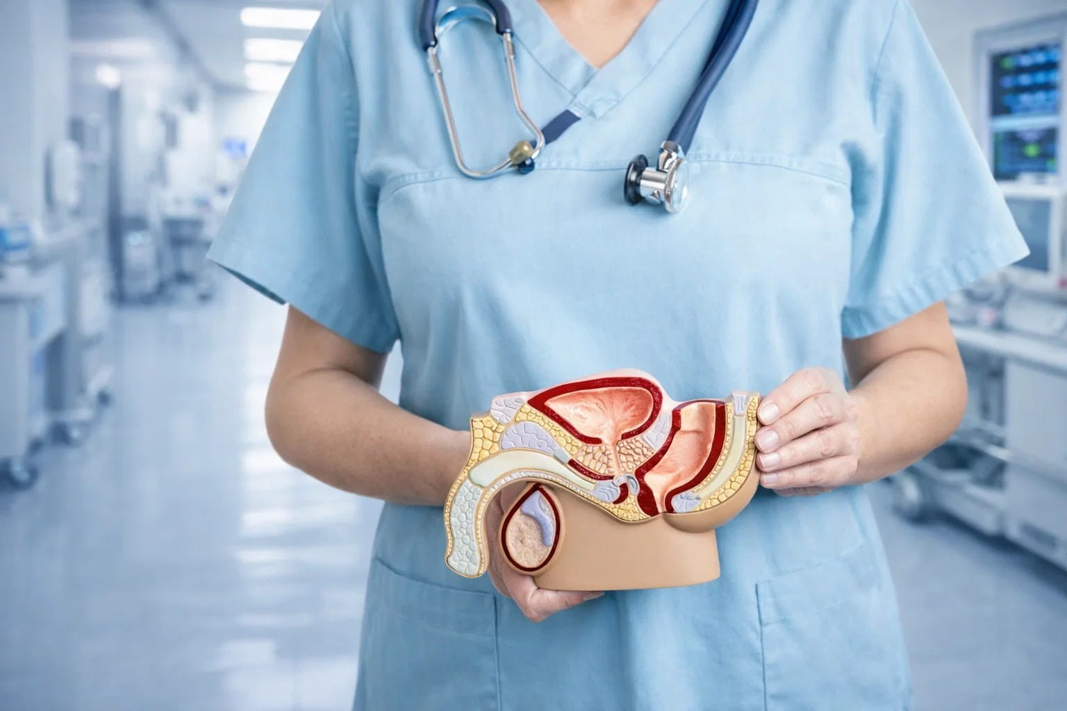 Врач на приеме держит анатомический макет мочеполовой системы и консультирует пациента, лица не видны.