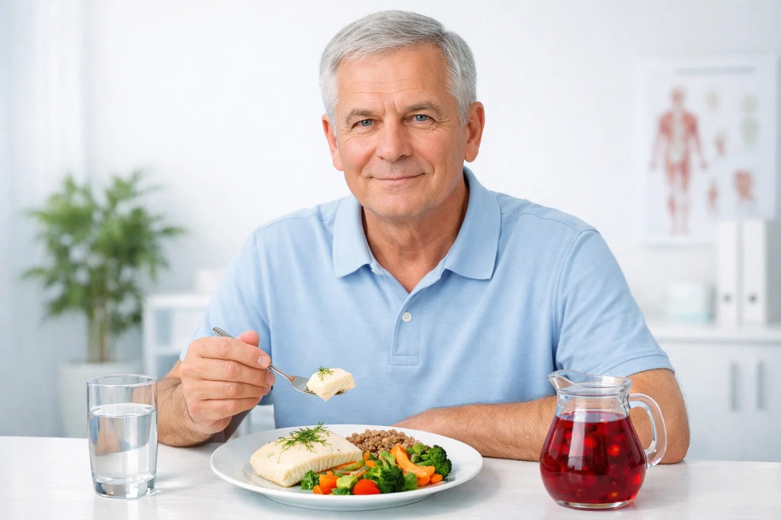 Мужчина соблюдает диету после удаления аденомы простаты, употребляя полезную рыбу и овощи.