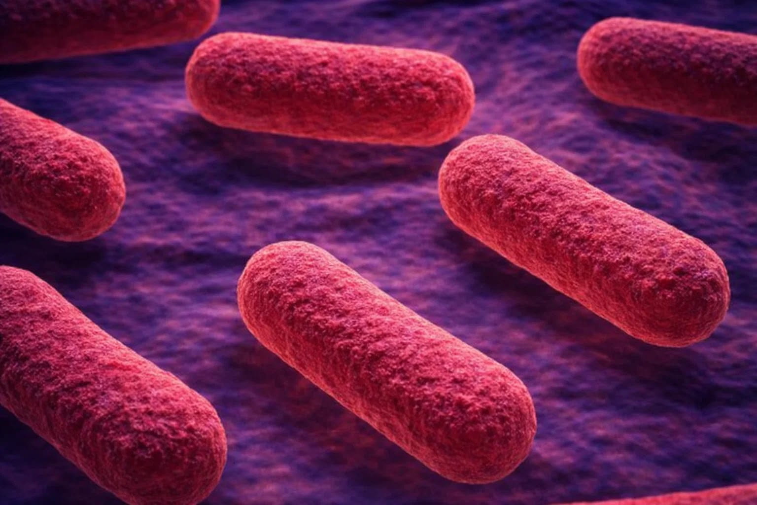 Кишечная палочка под микроскопом в виде палочковидных бактерий розового цвета.