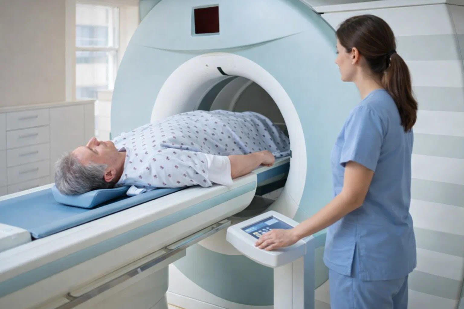 Пациент проходит МРТ в современном томографе, медицинский персонал рядом, клиническая обстановка.