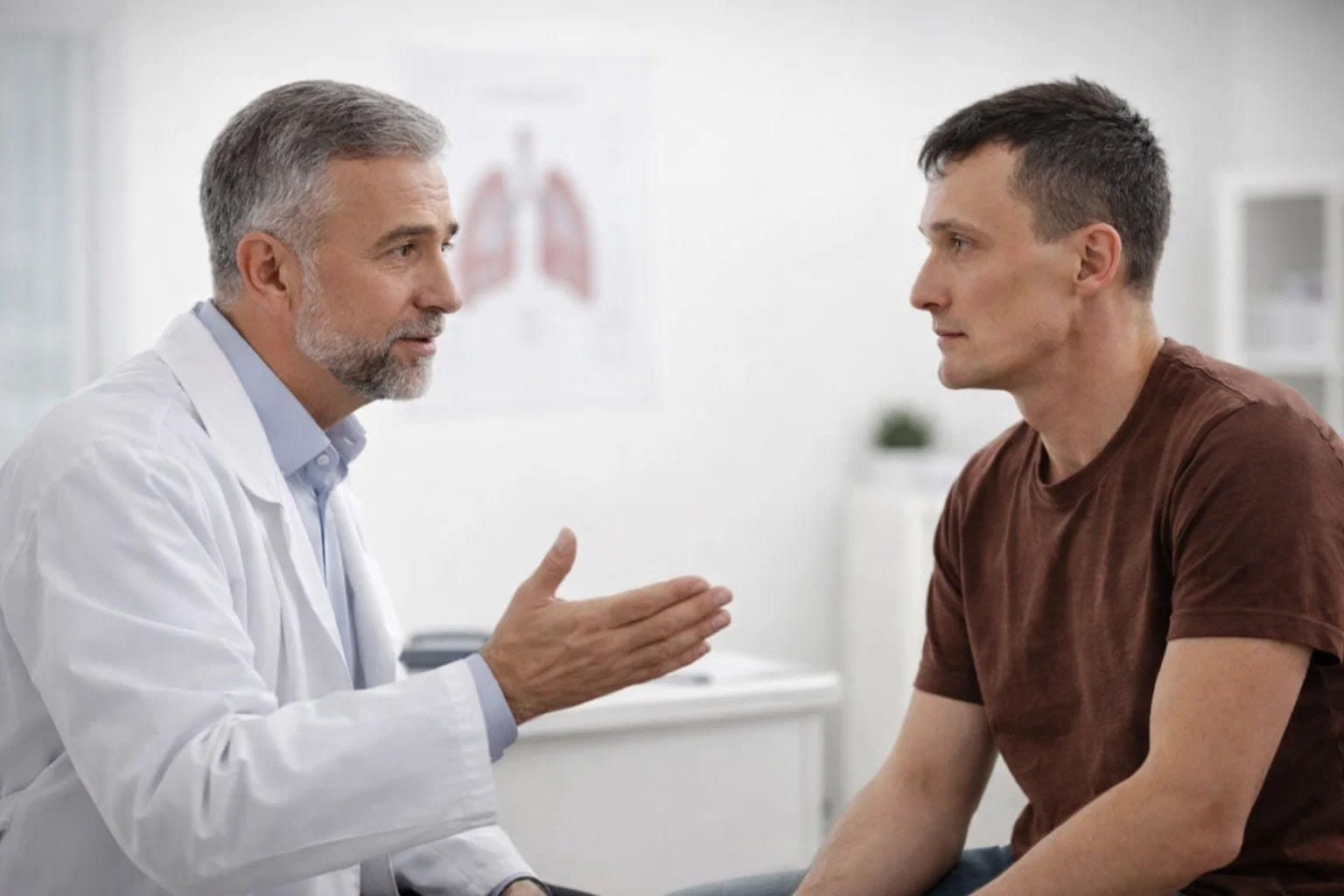 Врач проводит прием и консультацию для пациента в клинике.