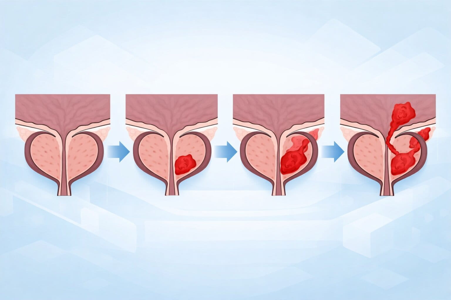 Схема стадий развития простатита у мужчин с распространением воспалительного процесса.