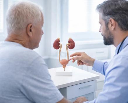 Пациент на приеме у уролога, врач объясняет информацию с помощью анатомической модели.