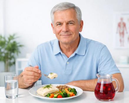 Мужчина соблюдает диету после удаления аденомы простаты, употребляя полезную рыбу и овощи.