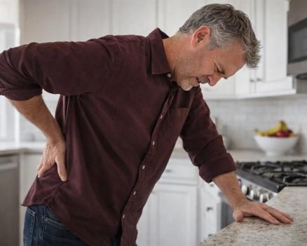 Мужчина чувствует сильную боль в пояснице из-за симптомов аденомы простаты.