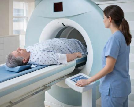 Пациент проходит МРТ в современном томографе, медицинский персонал рядом, клиническая обстановка.